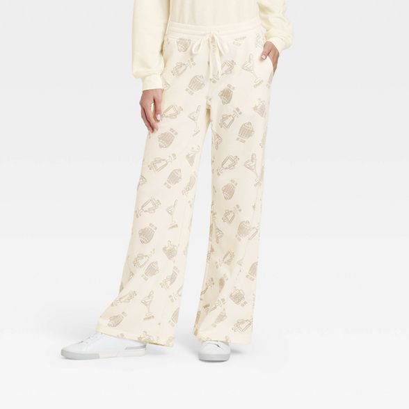 Women's Holiday Cocktails Wide Leg Graphic Lounge Pants - Ivory | Target