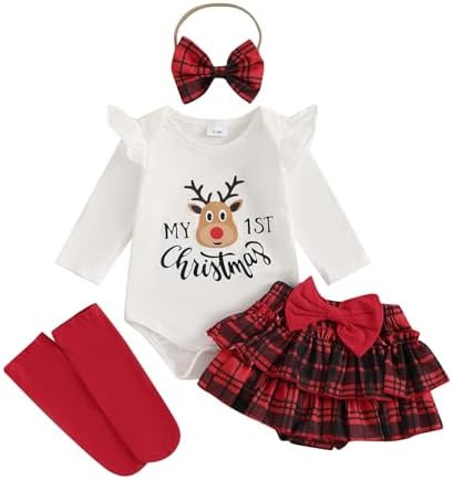 FYBITBO Newborn Baby Girl Christmas Outfits Cute Letter Romper Ruffle Plaid Skirt Dress Infant Ch... | Amazon (US)