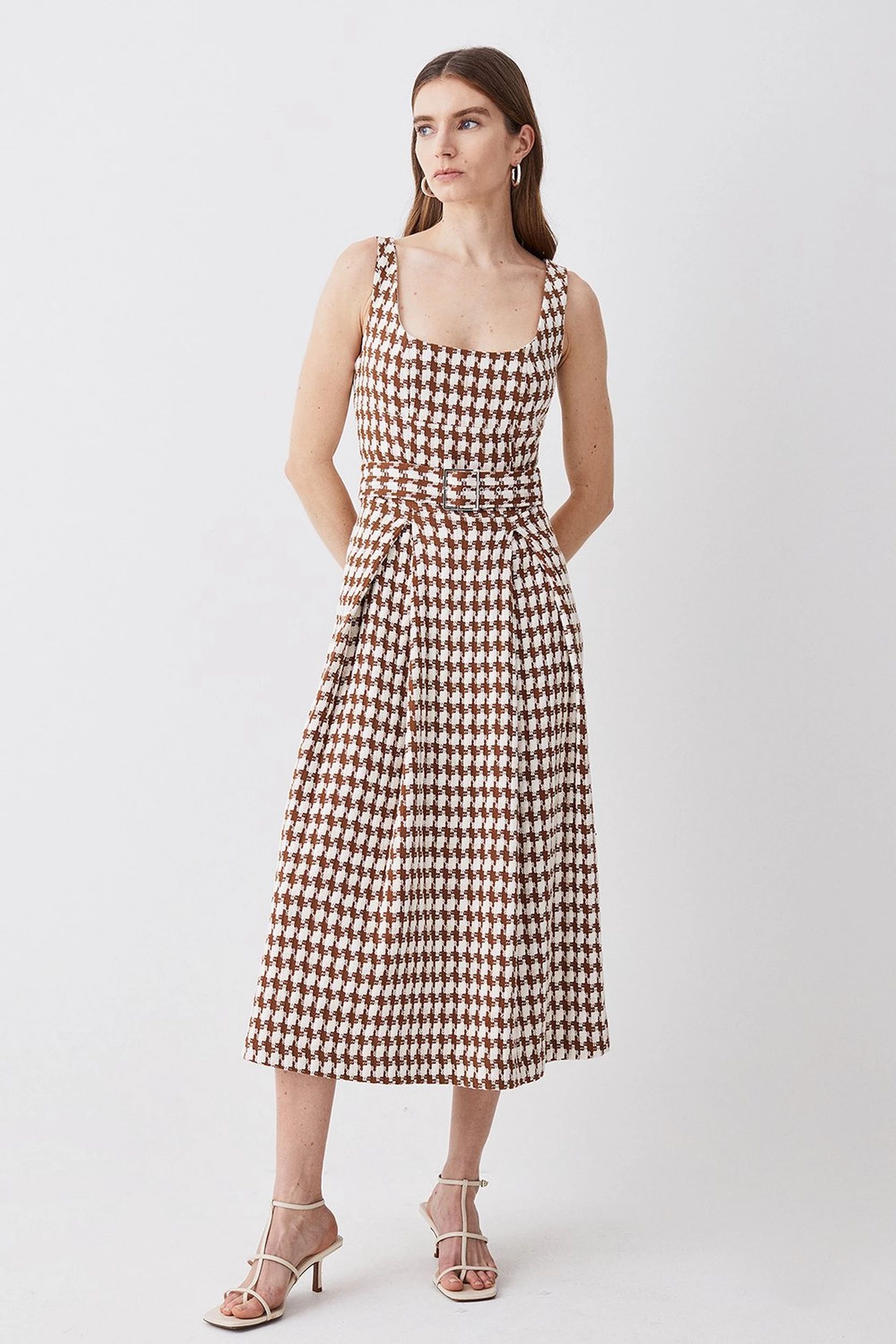 Check Tweed Full Skirt Midi Dress | Karen Millen UK + IE + DE + NL