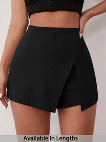 Celure Plus Size Women Summer Solid Split Hem Black Skort, Simple And Casual For Daily Wear | SHEIN