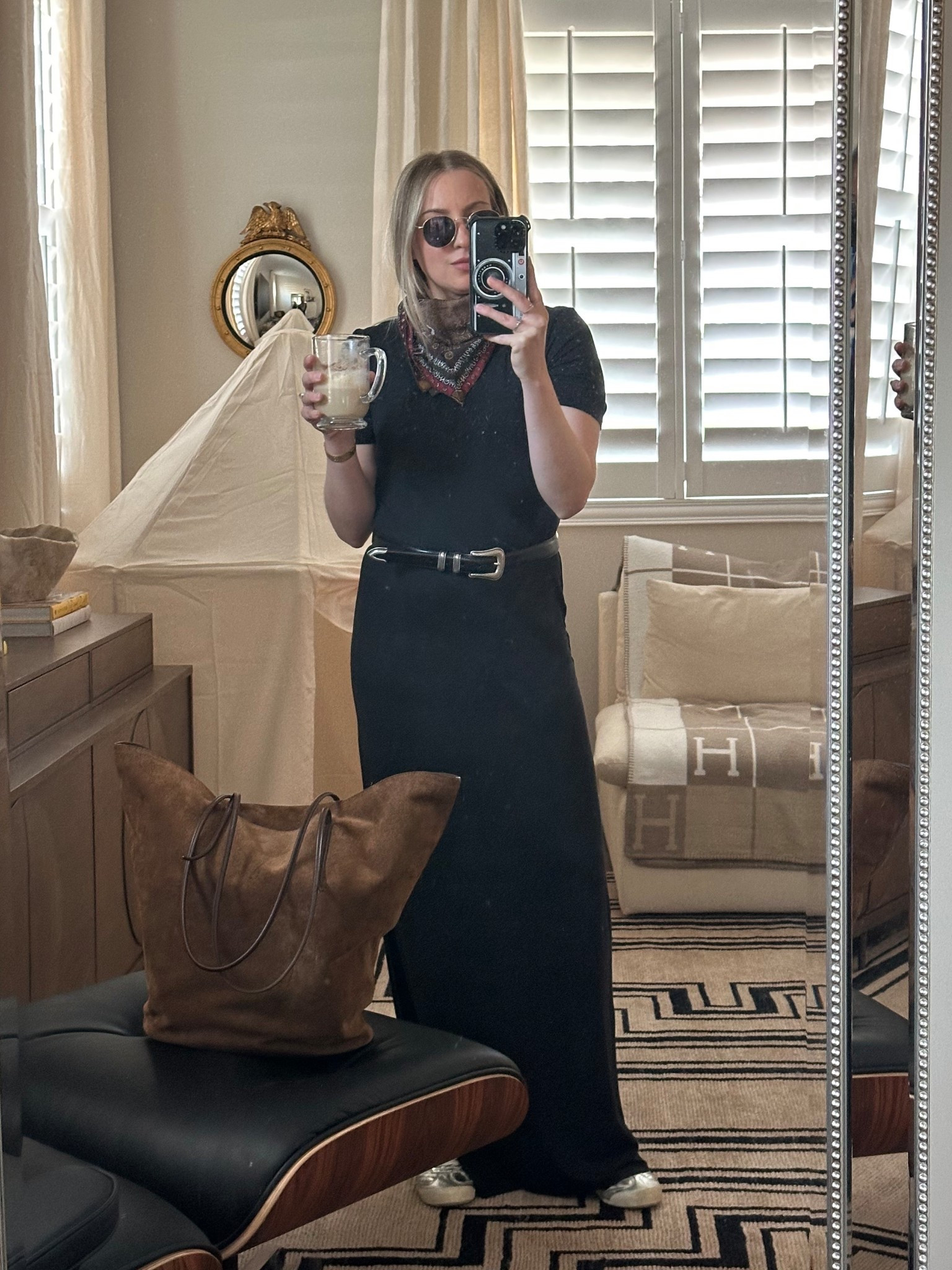 Today’s look: black maxi dress, Amazon metal rimmed sunnies, Amazon western belt, silver onitsuka Mexico 66, vintage Louis Vuitton scarf from the Real Real, Little Liffner suede tulip tote

#LTKFindsUnder50 #LTKFindsUnder100