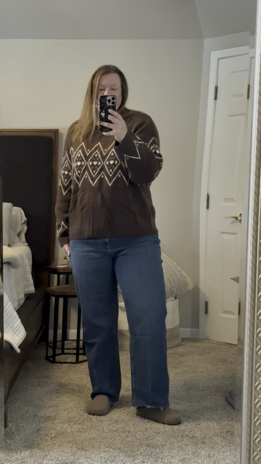 This sweater is so softness warm and cozy!  I love the pattern on this chocolate brown sweater. Not itchy. Wearing a size XXL and sized up for extra room. Denim size 34 regular  

#LTKGiftGuide #LTKCyberWeek #LTKHoliday