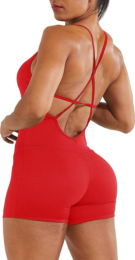 YOFIT Womens Criss Cross Blackless Workout Jumpsuit Sleeveless One-Piece Bodycon Rompers Spaghett... | Amazon (US)