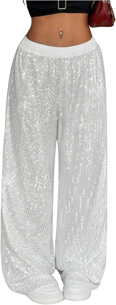 Floerns Women's Shiny Sequin Wide Leg Pants Elastic Waist Sparkly Baggy Pants | Amazon (US)