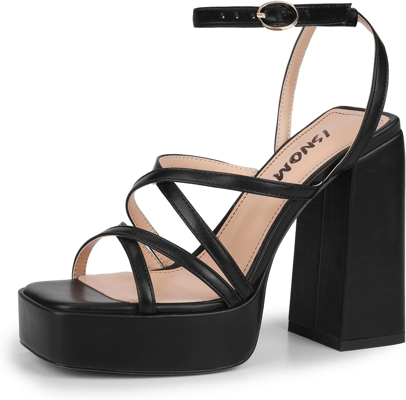 ISNOM Platform Chunky Heels for Women, Block Heel Sandals with Open Square Toe and Ankle Strap | Amazon (US)