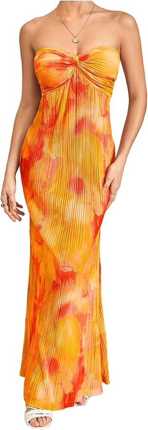 SOLY HUX Women's Summer Floral Tube Dress Twist Front Strapless Vacation Beach Dresses Maxi Dress | Amazon (US)