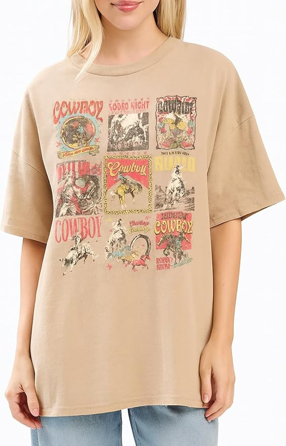 Vintage Cowboy Graphic Tee – Western Rodeo Very Oversized Retro Top for Women K3145-9583 | Amazon (US)
