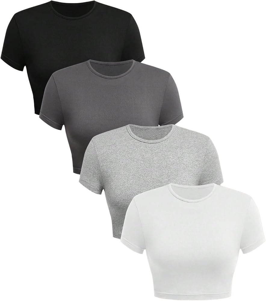 SOLY HUX Women's Basic T-Shirts Crew Neck Short Sleeve Fitted Tees 4 Packs Crop Tops | Amazon (US)