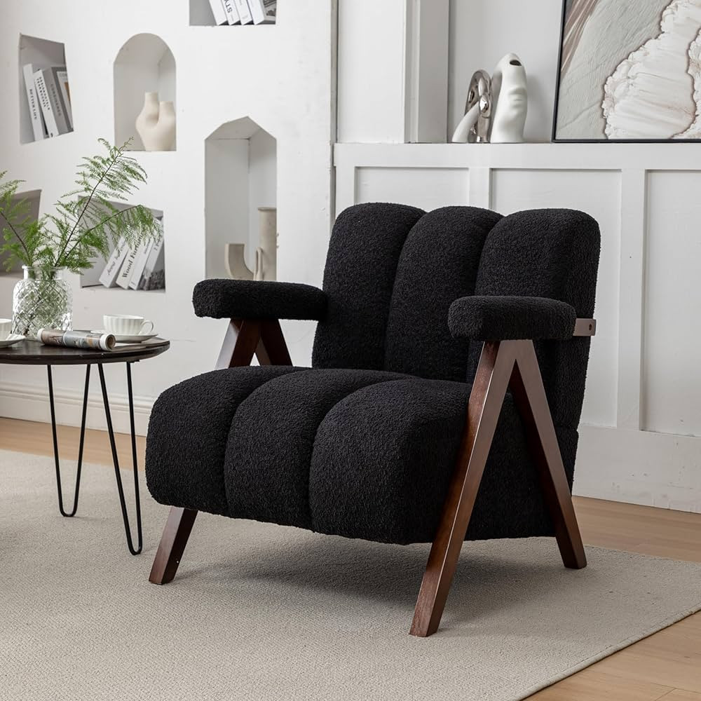 Mid Century Modern Accent Chair with Solid Wood Frame, Boucle Upholstered Living Room Chairs with... | Amazon (US)