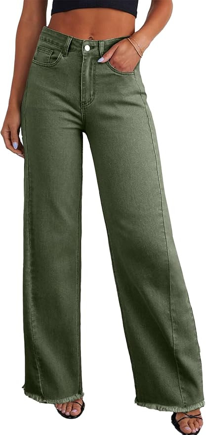 Sidefeel Women's Wide Leg Jeans High Waisted Stretchy Raw Hem Zimbaplatinum Denim Pants | Amazon (US)