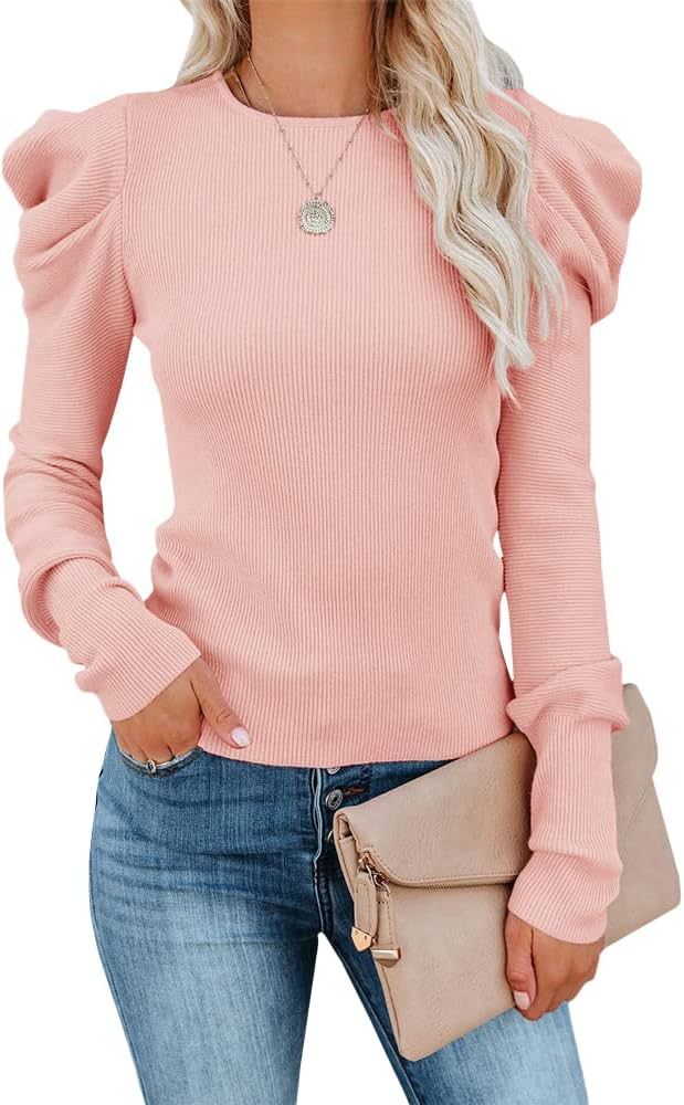 MIRACMODA Woman Autumn Puff Sleeve Crew Neck Knit Sweater Long Sleeve Stretchy Pullover Top | Amazon (US)