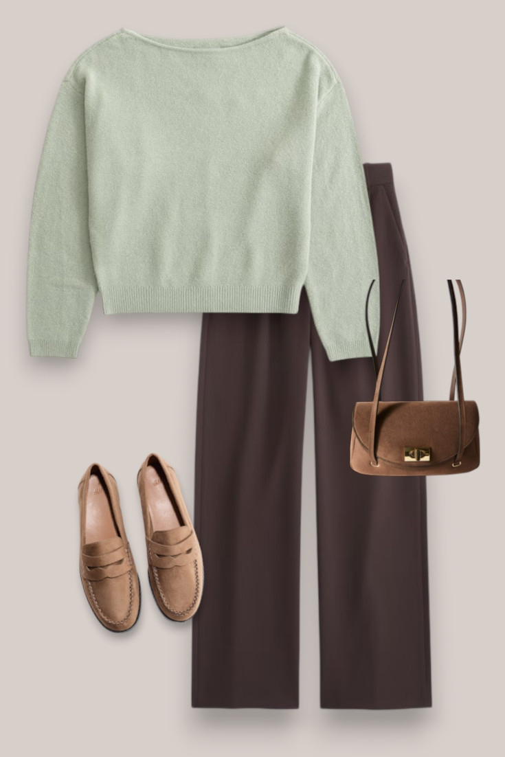 Chocolate Brown + Soft Green
Chocolate brown + soft green is such an underrated combination 🤎🌿 Wide-leg trousers, a soft knit, suede loafers and a brown bag make this an easy work-to-weekend outfit. @abercrombie

#LTKautumn #LTKworkwear #LTKstyletip