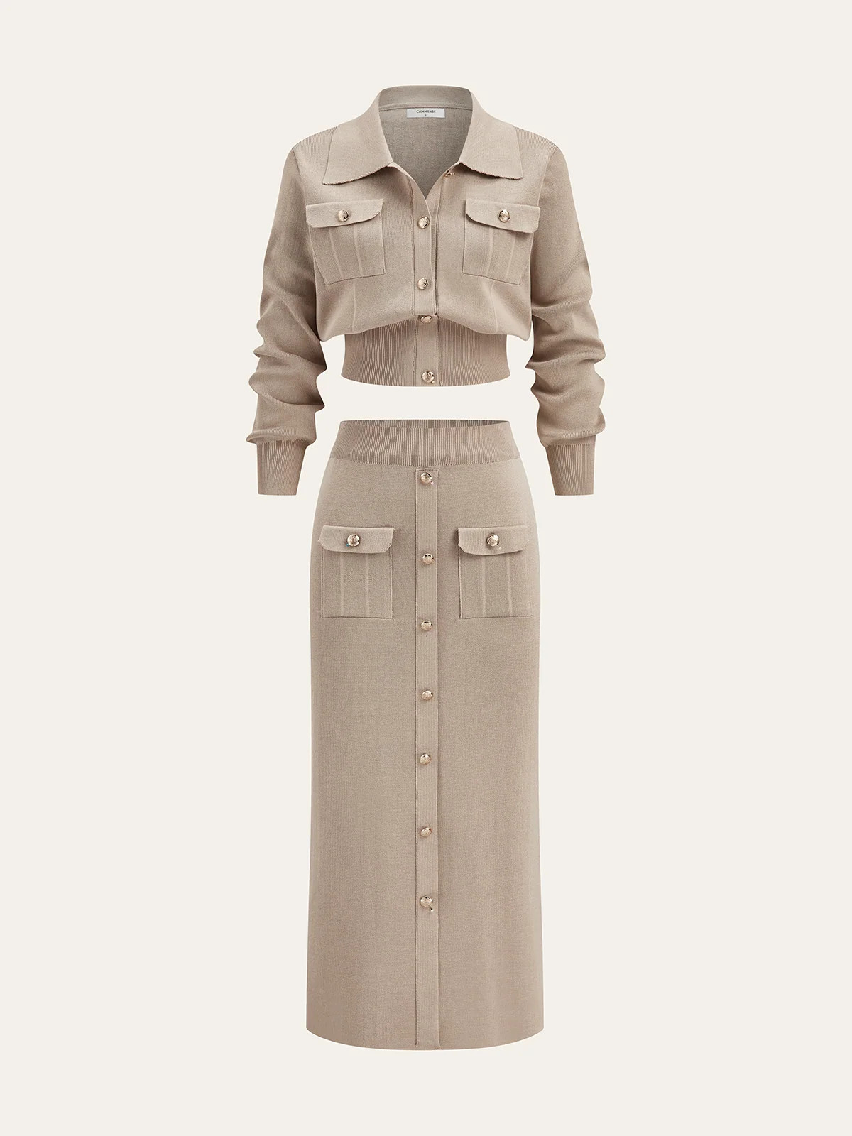 Metal Button Collared Cardigan and Midi Skirt Set | Commense
