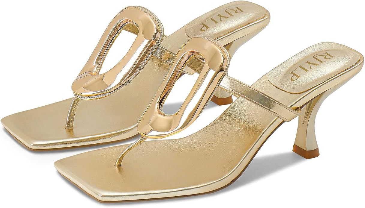 Metal Flip Flop Heels Sandals for Women Slip on Thong Sandals Kitten Heels Beach Dressy Casual Fa... | Amazon (US)