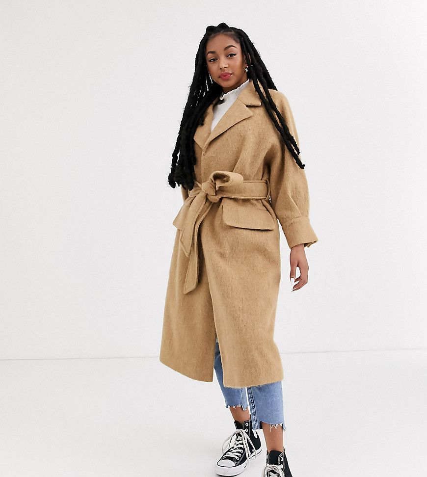 ASOS DESIGN Petite brushed belted coat in camel-Beige | ASOS (Global)