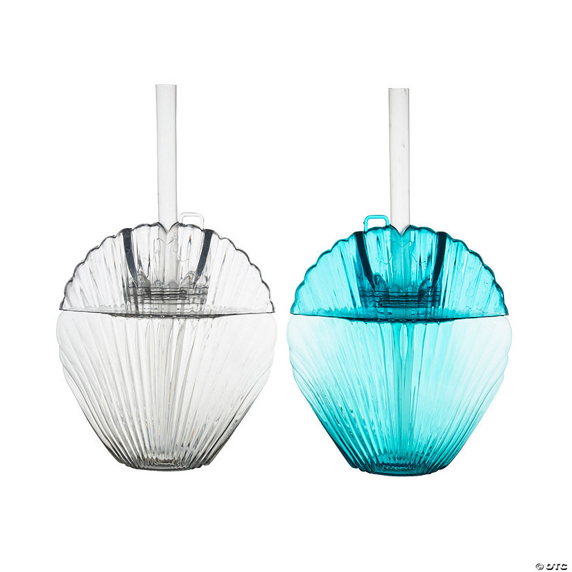 12 oz. Sea Shell Reusable BPA-Free Plastic Cups with Lids & Straws - 6 Ct. | Oriental Trading Company