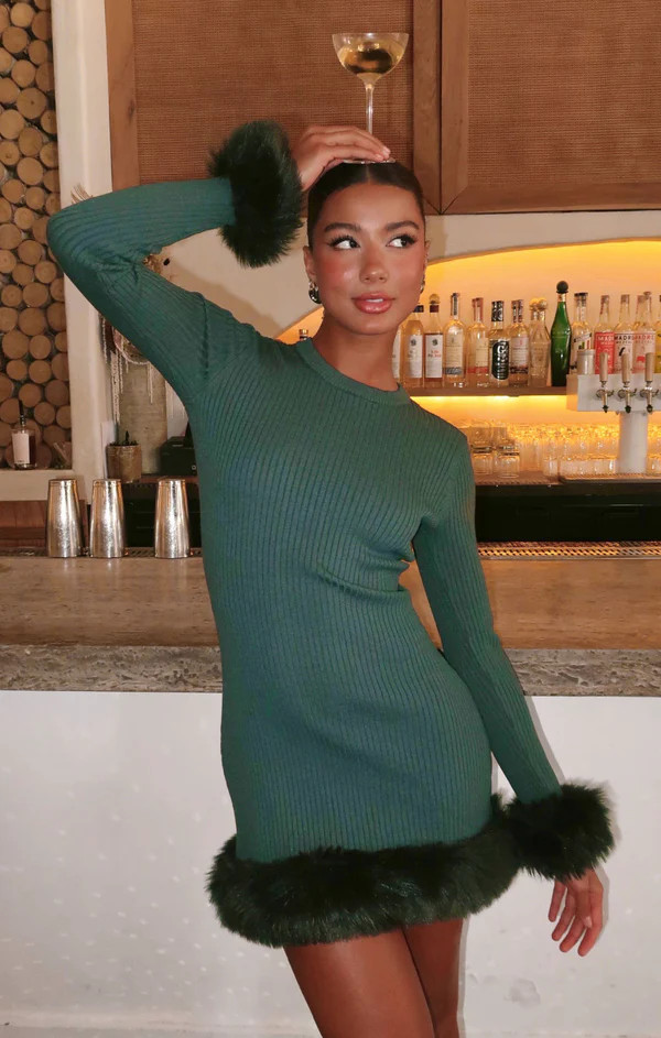 Fran Mini Dress ~ Emerald Knit with Faux Fur | Show Me Your Mumu