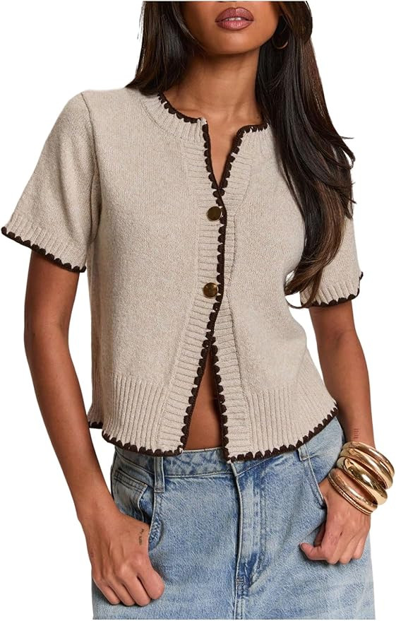 WDIRARA Women's Contrast Trim Button Down Cardigan Sweaters Short Sleeve Knit Tops | Amazon (US)