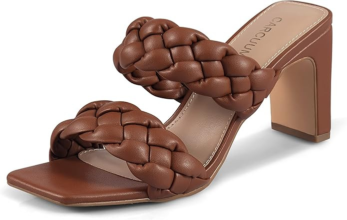 Womens Braided Heels Square Open Toe Two Strappy Woven Mule Block Casual Heeled Sandals | Amazon (US)