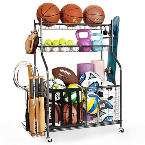 Mythinglogic Garage Sports Equipment Organizer, Baseball Storage Large Capacity, Sports Organizer for Garage with Hooks and Baskets, Ball Storage Rack for Football, Soccer Ball, Bat, Toys | Amazon (US)
