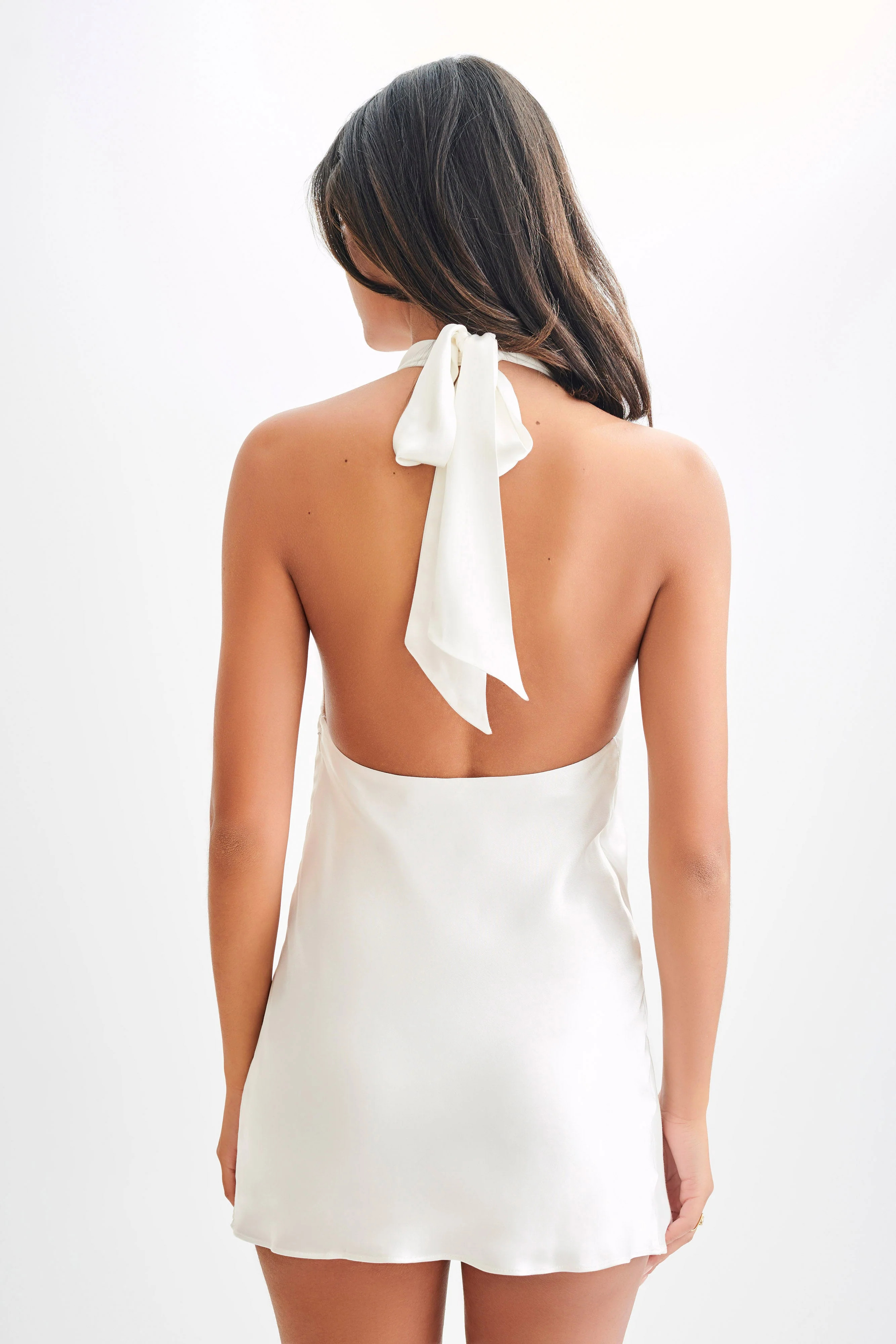 Allison Satin Halter Mini Dress - White | MESHKI US