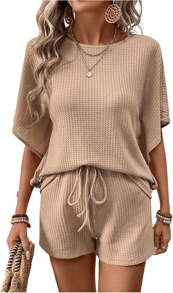 MakeMeChic Women's 2 Piece Outfits Half Sleeve Round Neck Tee Tops with Shorts Sets Tracksuit | Amazon (US)