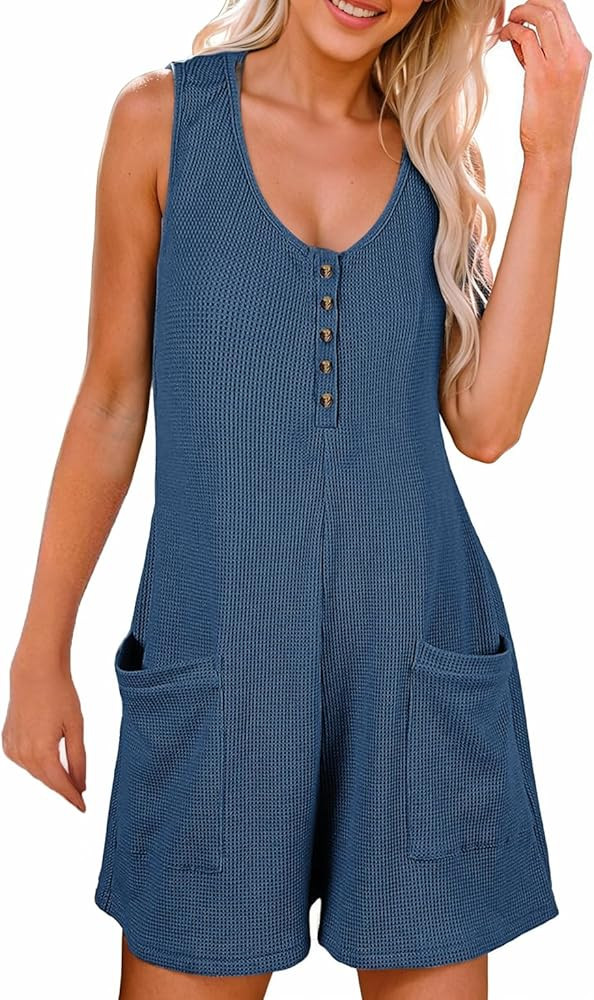 AlvaQ Womens Short Jumpsuits Solid Color Summer Casual Waffle Button Front Sleeveless Rompers wit... | Amazon (US)