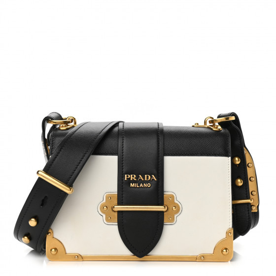 PRADA City Calf Saffiano Large Cahier Bag White Black | FASHIONPHILE (US)