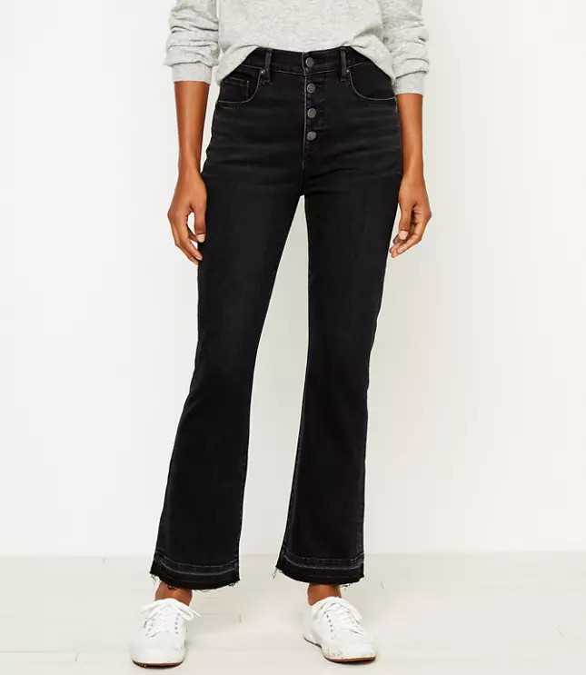 High Rise Flare Crop Jeans in Washed Black Wash | LOFT