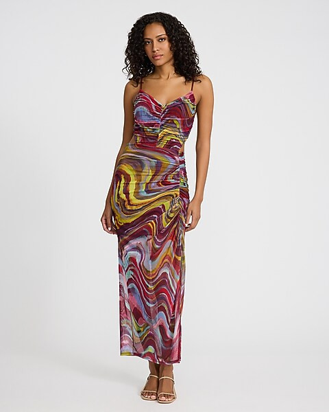 Printed Mesh V-Neck Cutout Open Back Ruched Maxi Dress | Express