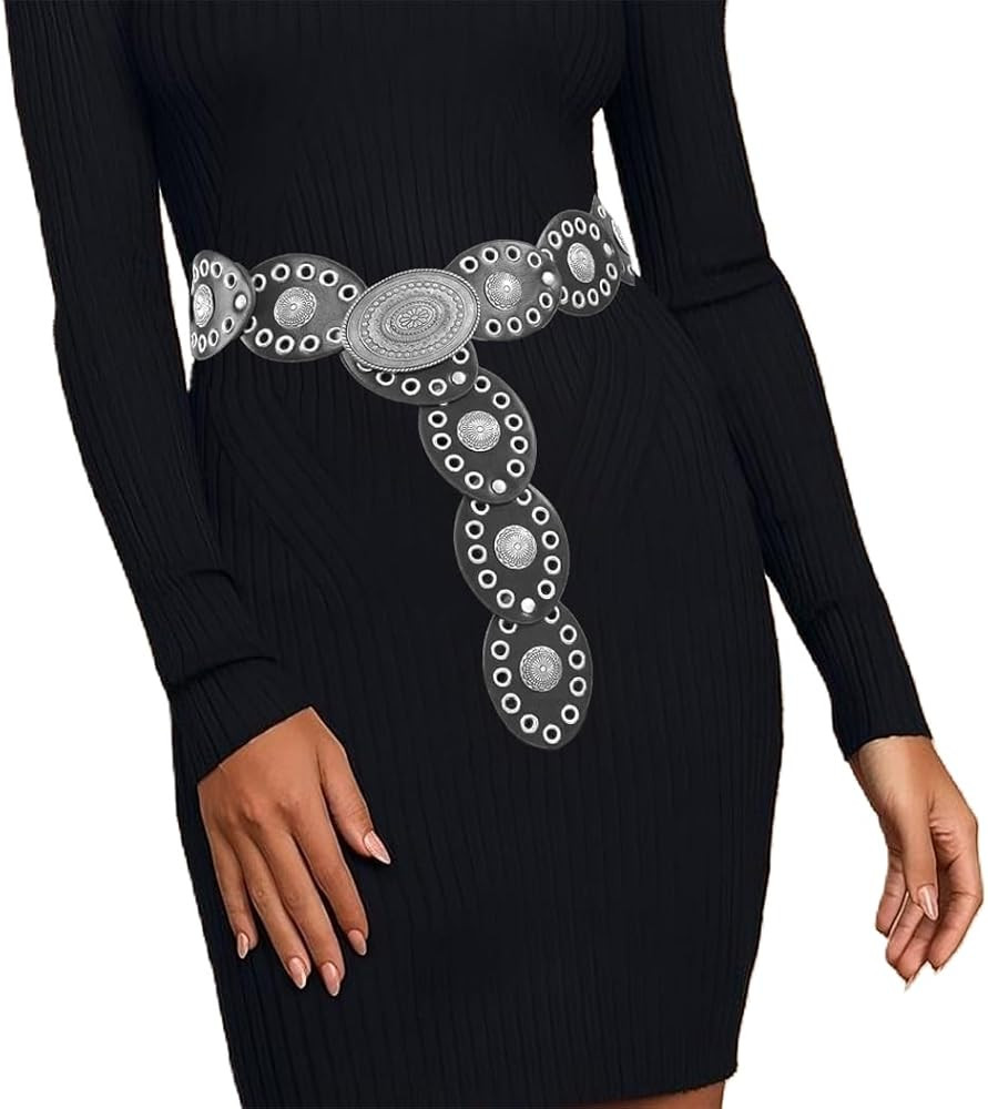 Western-Wide-Disc-Belt for Womens-Oval-Belt - Vintage Hollow-Rivet Cowgirl-Boho-PU-Leather-Belt f... | Amazon (US)