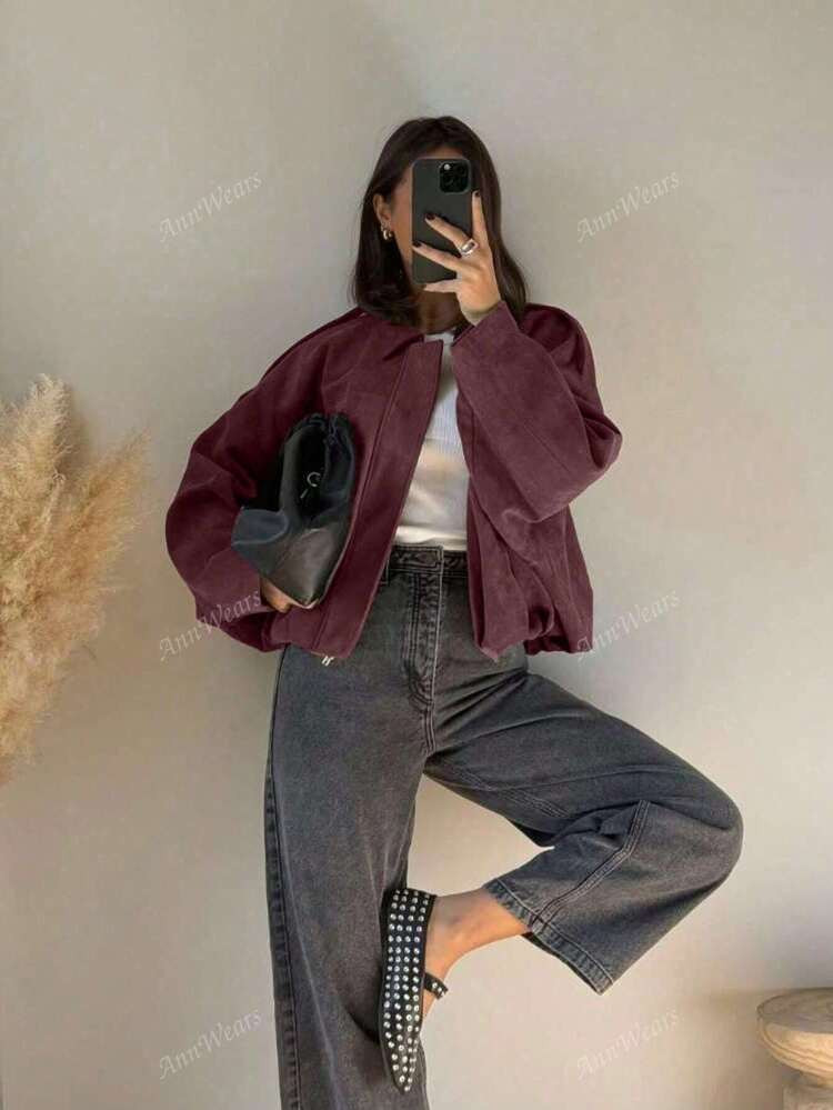 Women's Regular Faux Suede Long Sleeve Single Breasted Loose Casual Jacket, For Spring, Women's P... | SHEIN