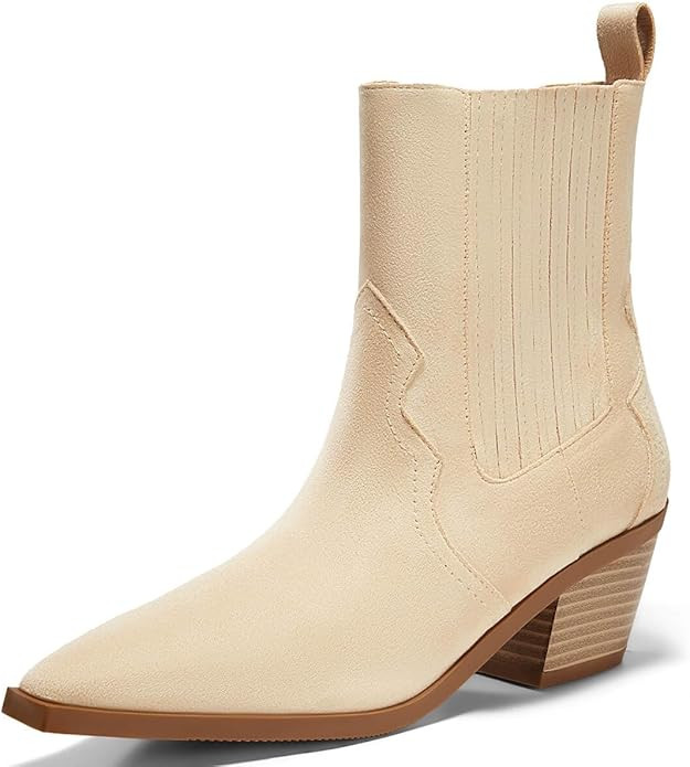Coutgo Womens Western Pointed Toe Ankle Booties Chunky Stacked Heel Chelsea Boots Cowboy Elastic ... | Amazon (US)