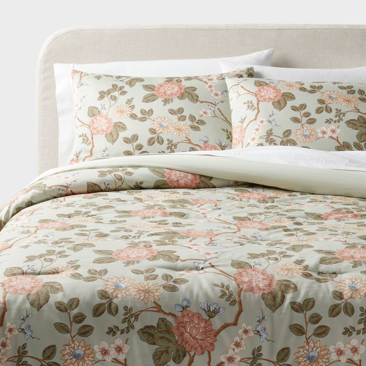 Full/Queen Traditional Floral Print Comforter and Sham Set Light Sage Green/Light Pink/White - Th... | Target