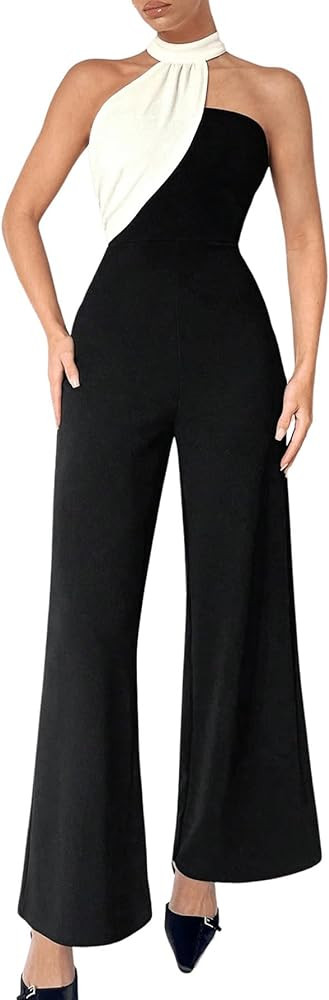Floerns Women's Colorblock Sleeveless Asymmetrical Halter Neck Elegant Jumpsuit | Amazon (US)