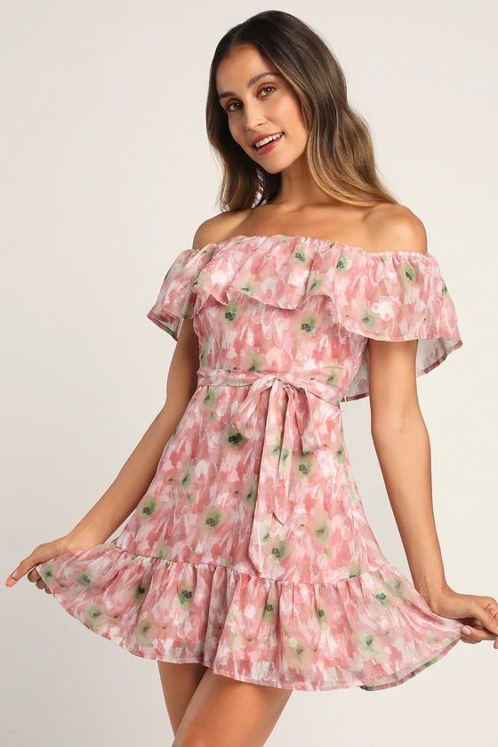 French Gardens Pink Burnout Floral Off-the-Shoulder Mini Dress | Lulus (US)