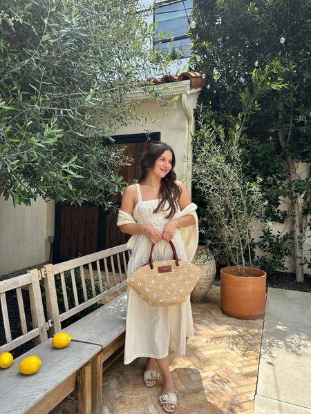 summer days are here 🍋 this outfit is giving italian countryside 

summer outfit, basket bag from sezane, cream maxi dress from tilly’s, white dress, summer dress, flowy dress, slide sandals from dolce vita, spring outfit, spring dress, monochrome beige outfit, cream outfit