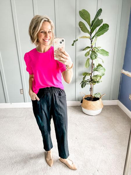 Loving my high waisted black cropped pants from Target and puff sleeve mixed media pink top!
Wearing a size small in the black pants and medium in the pink top. 

Black pants, cropped ankle trouser pants with elastic waist, puff sleeve top, pink shot sleeve blouse, ballet flats, neutral flats, neutral ballet flat shoes. Outfit of the day, Travel outfit, Spring outfit, work wear, casual outfit. 
Target, Nordstrom. 
#ootd #workwear #travel

#LTKworkwear #LTKstyletip #LTKtravel