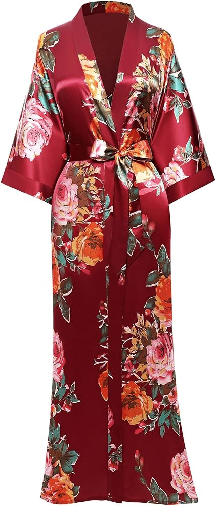 BABEYOND Women's Kimono Robe Long Satin Silky Floral Lightweight Bridesmaid Wedding Bachelorette ... | Amazon (US)