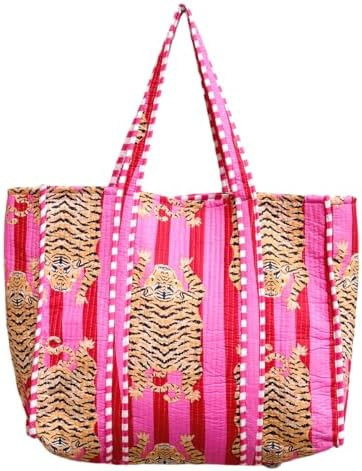 YILLE Cotton Quilted Floral & Tiger Print Tote Bag, 18 x 18 inches For Grocery Shopping, Travel | Amazon (US)