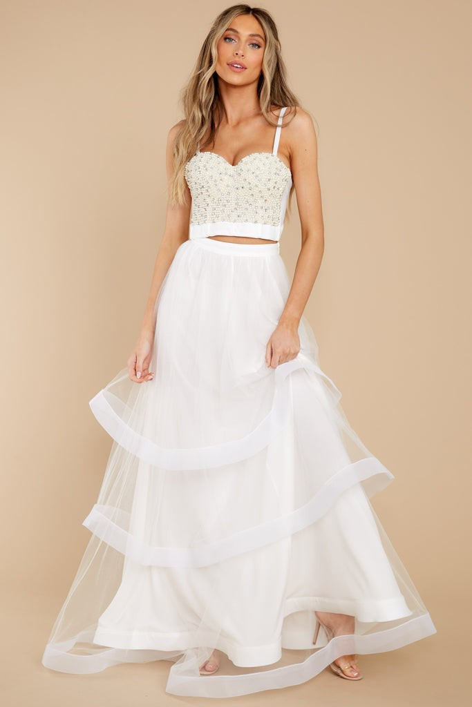 LA Lady White Pearl And Rhinestone Top | Red Dress 