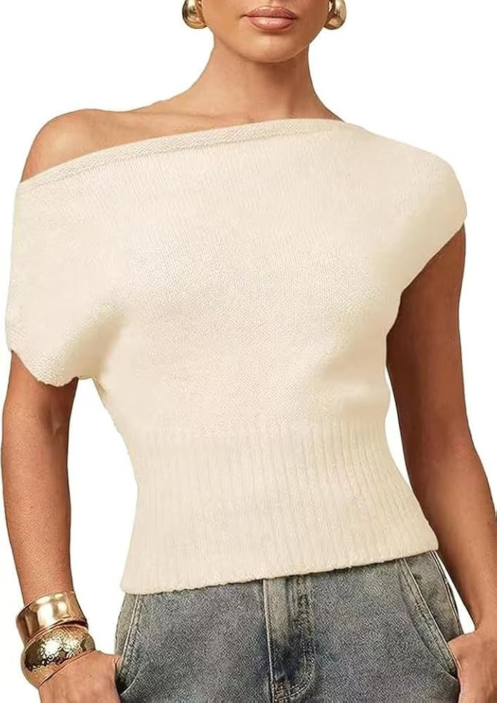 Off The Shoulder Tops for Women Asymmetrical Casual Ribbed Knitted Trendy Cap Sleeve Slim Fit Sex... | Amazon (US)