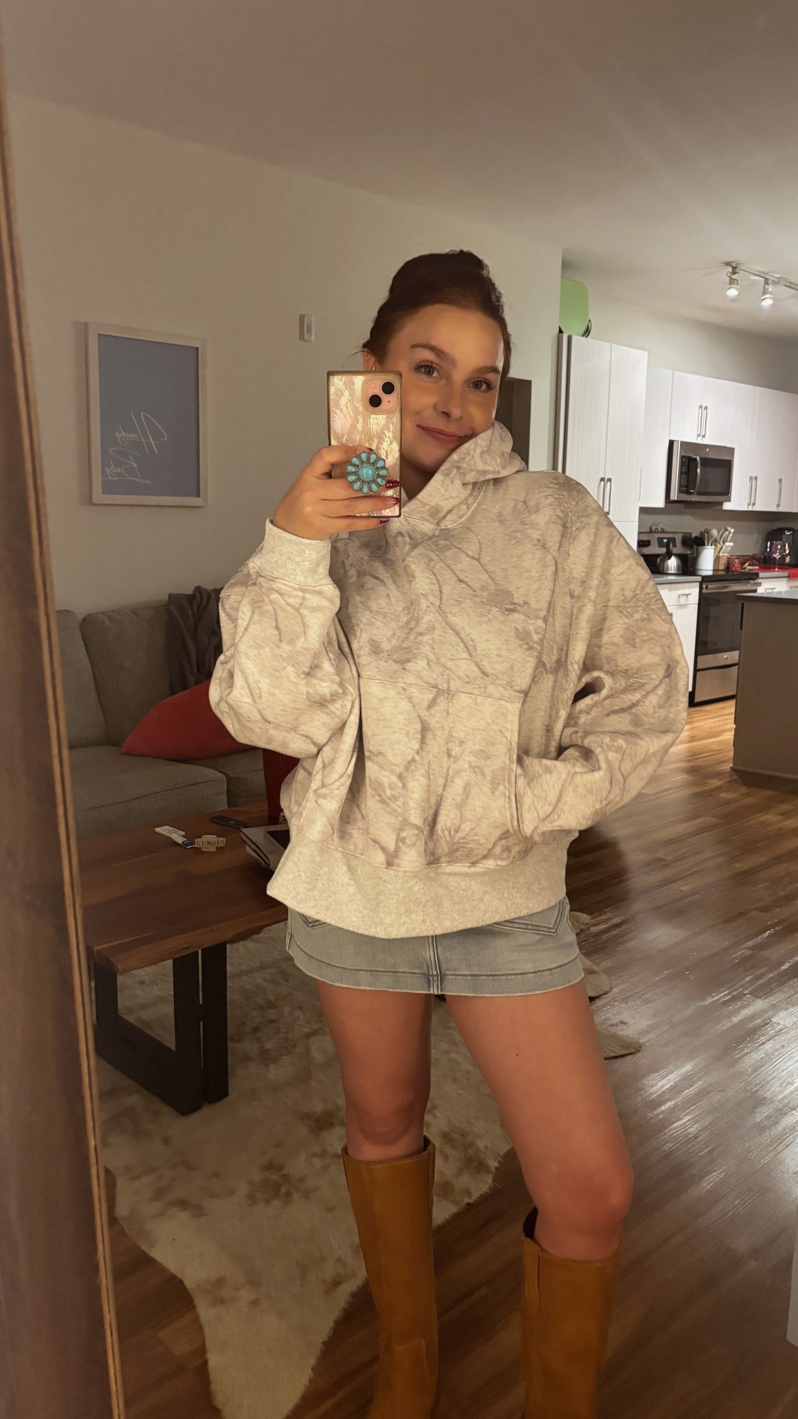 camo is officially a fall favorite | small sweatshirt | small denim skirt | size 7 free people boots #tallboots #camo #sweatshirt #fallfashion 