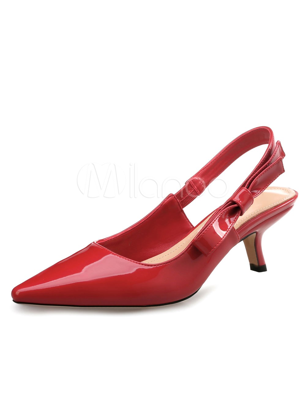 Pointed Toe Pumps Women's Red Slingback Bow Knotted Kitten Heel Shoes | Milanoo