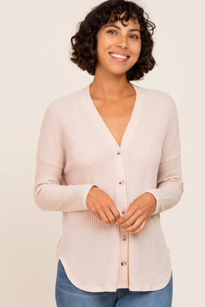 Beige Waffle Knit Button Down Top | PinkBlush Maternity