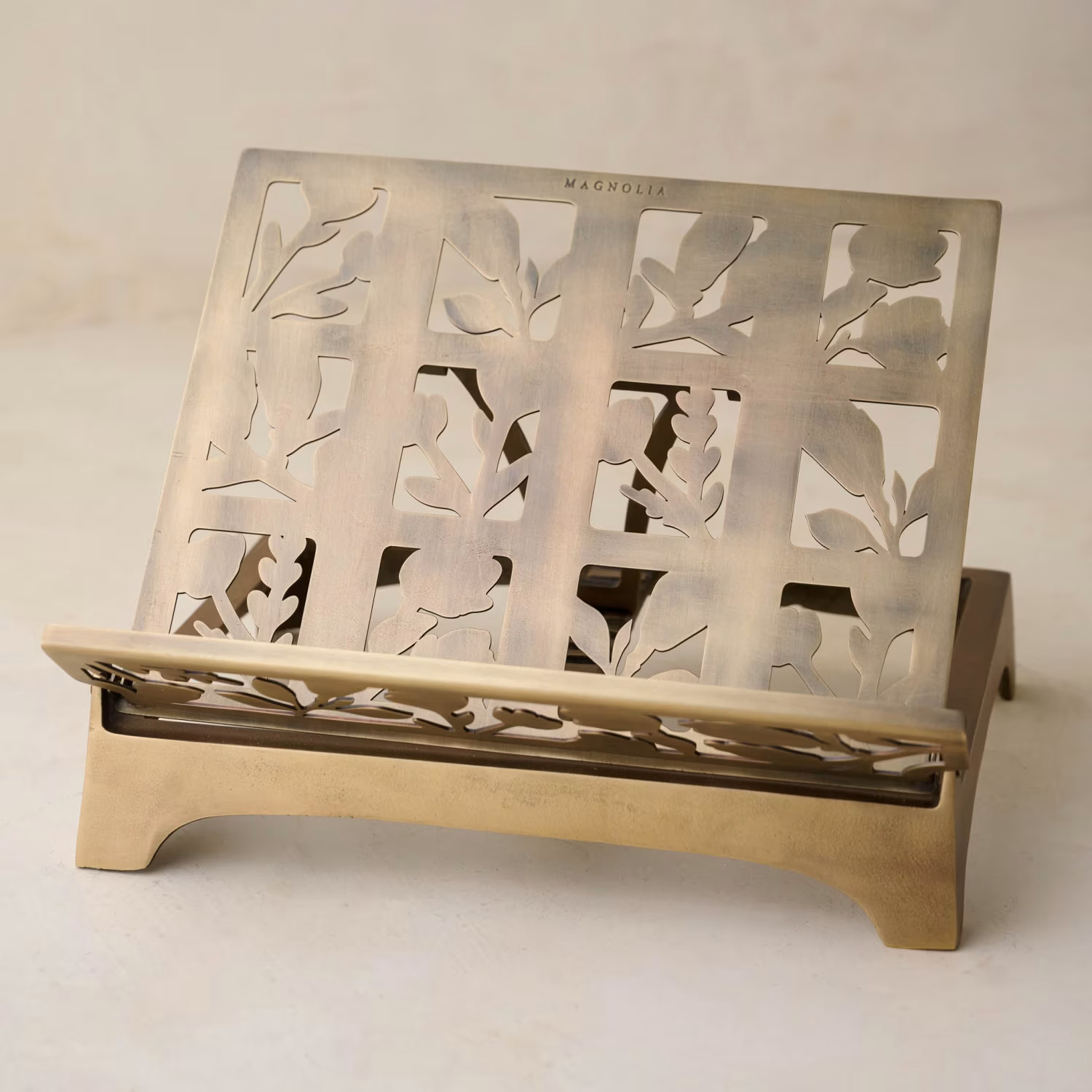 Antique Brass Shadow Floral Cookbook Stand | Magnolia