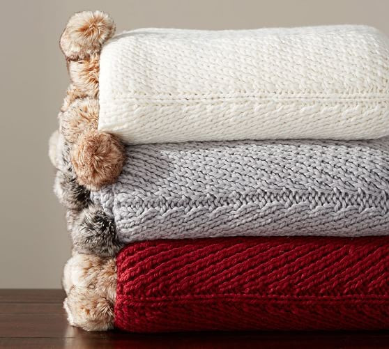 Faux Fur Pom Pom Knitted Throw | Pottery Barn (US)