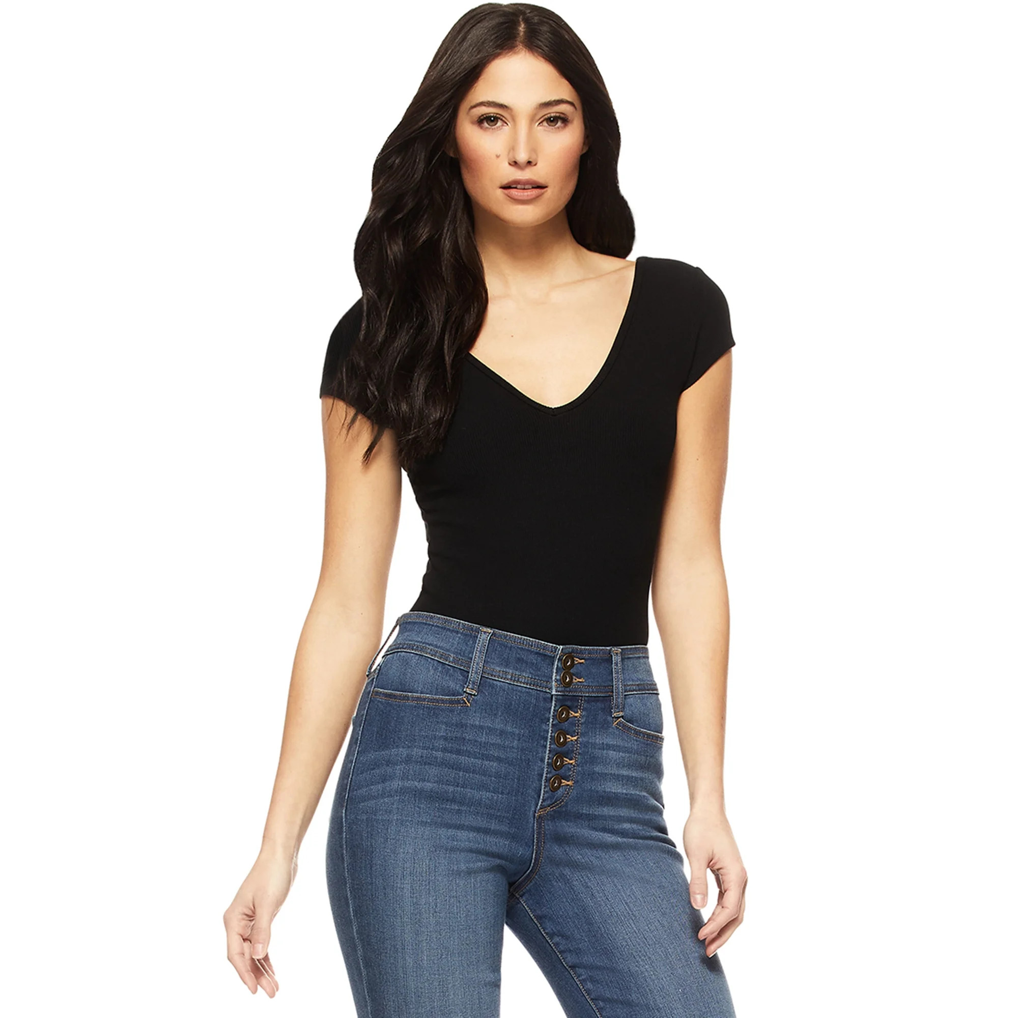 Sofia Jeans by Sofia Vergara Women’s Cap Sleeve Double V Ribbed Knit Bodysuit | Walmart (US)