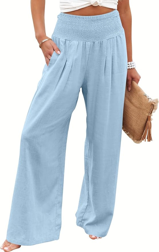 ANRABESS Women Linen Palazzo Pants Summer Boho Wide Leg High Waist Casual Lounge Pant 2025 Beach ... | Amazon (US)