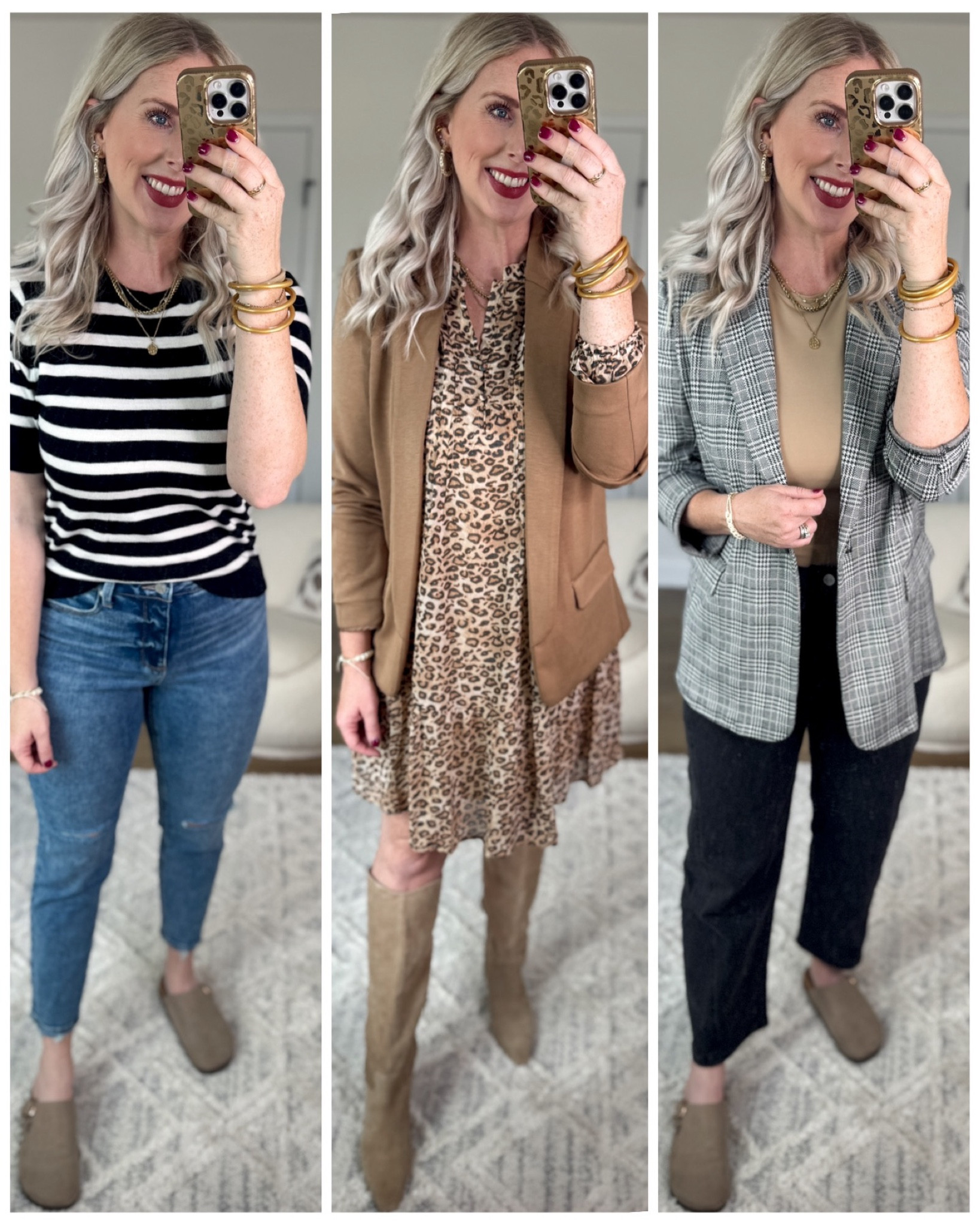Daily try on, Walmart outfit, Walmart fashion, Walmart try on, time and tru, workwear, free assembly, scuba blazer, plaid blazer, striped sweater, black jeans, leopard dress 

#LTKWorkwear #LTKStyleTip #LTKFindsUnder50